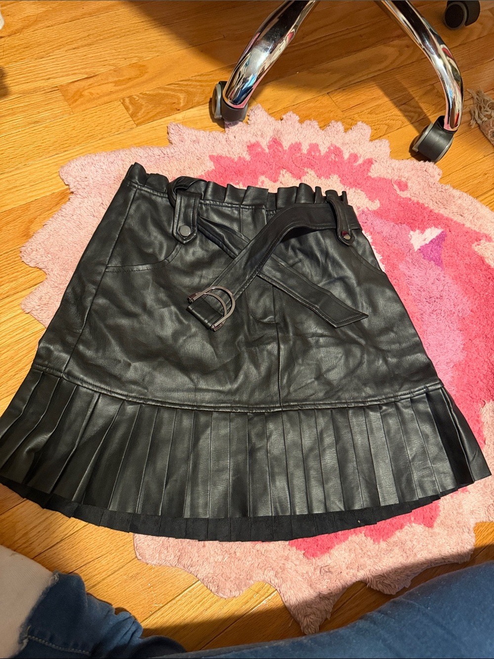 Zara Black Faux Leather Pleated Mini Skirt with Belted Waist